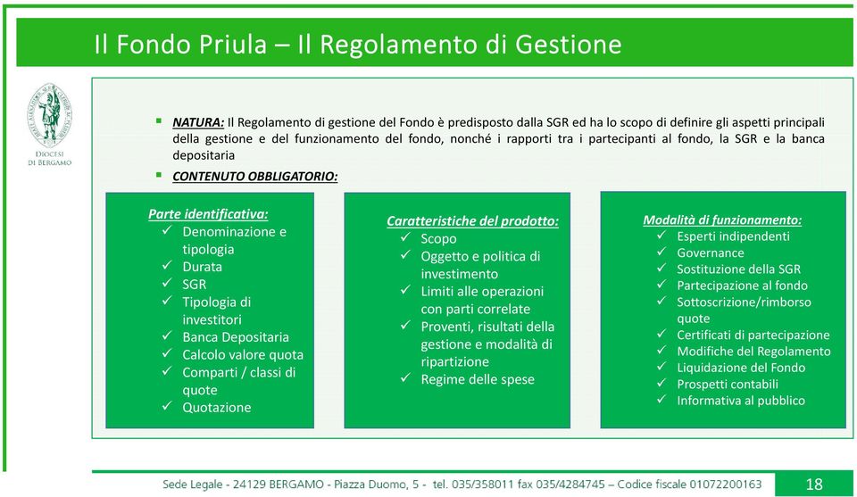 Banca Depositaria Calcolo valore quota Comparti / classi di quote Quotazione Caratteristiche del prodotto: Scopo Oggetto e politica di investimento Limiti alle operazioni con parti correlate