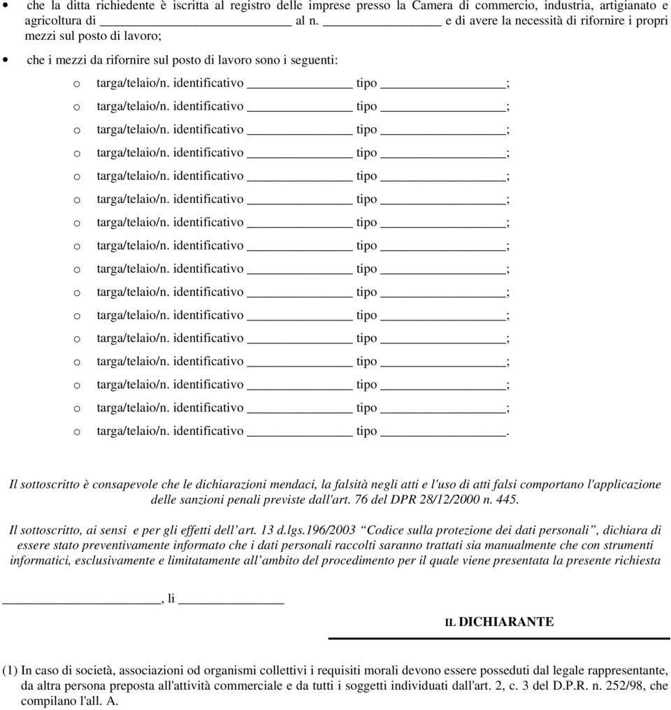 identificativ tip ; targa/telai/n. identificativ tip 