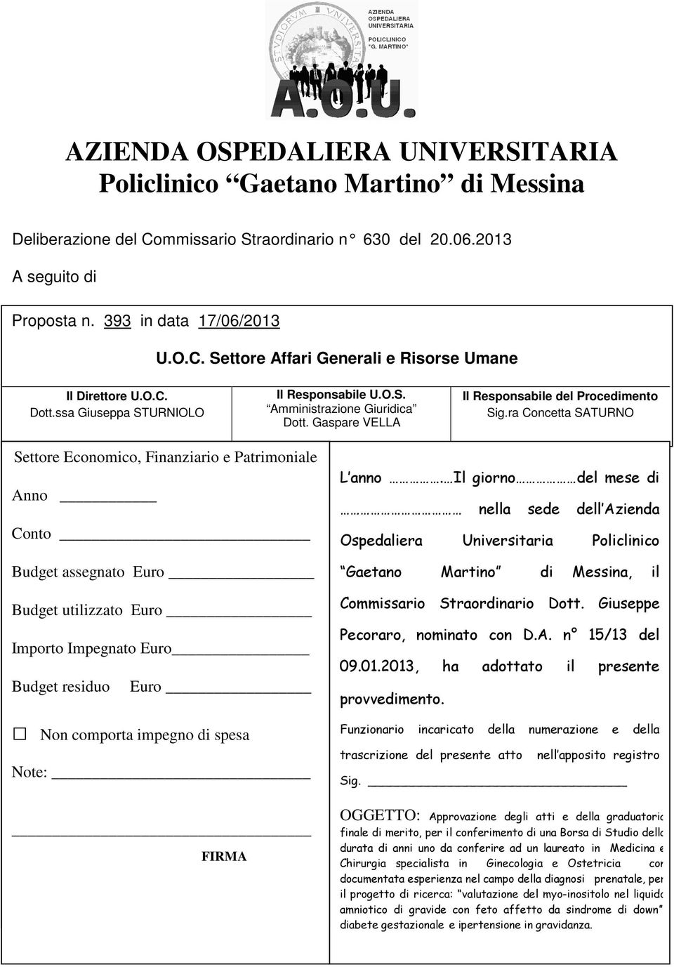 ra Concetta SATURNO Settore Settore Economico, Gestione Finanziario Risorse Economiche e Patrimoniale Anno Competenza Conto Budget assegnato Euro Budget utilizzato Euro Budget Importo residuo