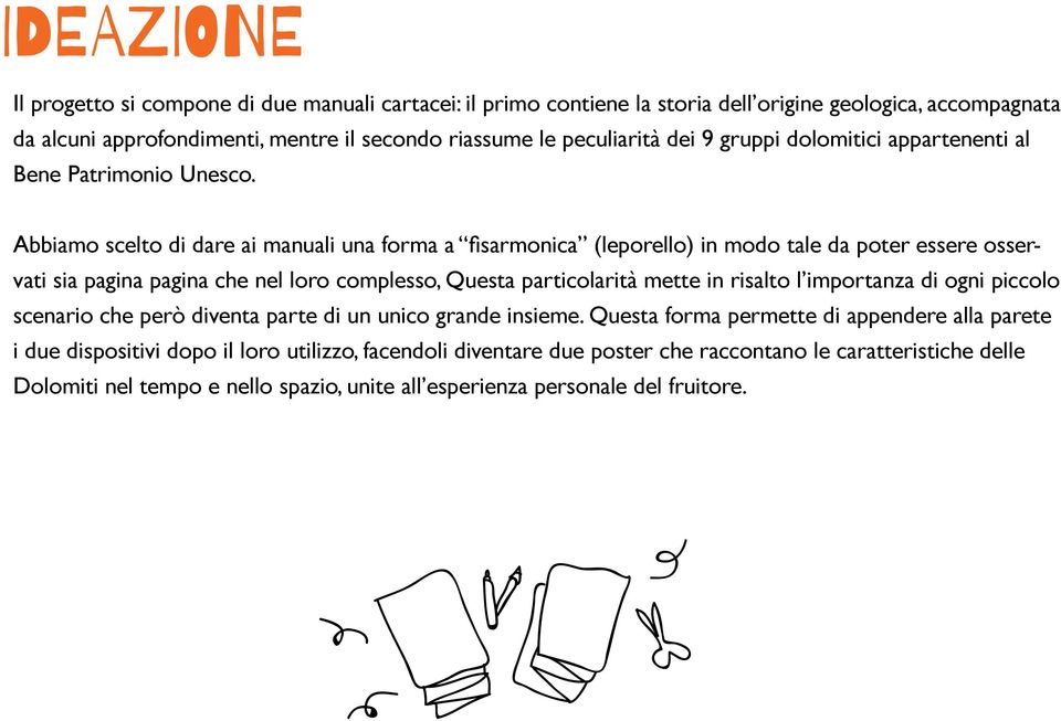 Abbiamo scelto di dare ai manuali una forma a fisarmonica (leporello) in modo tale da poter essere osservati sia pagina pagina che nel loro complesso, Questa particolarità mette in risalto l