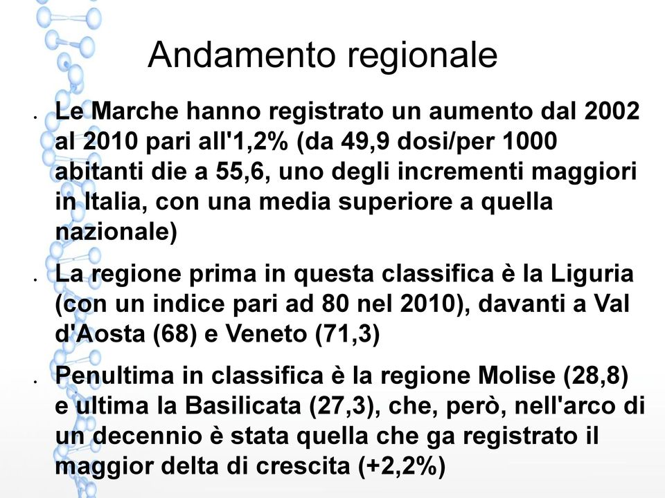 Liguria (con un indice pari ad 80 nel 2010), davanti a Val d'aosta (68) e Veneto (71,3) Penultima in classifica è la regione Molise