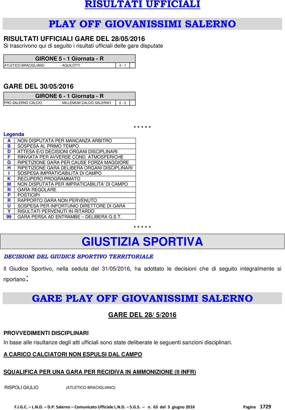 ATTESA E/O DECISIONI ORGANI DISCIPLINARI F RINVIATA PER AVVERSE COND.