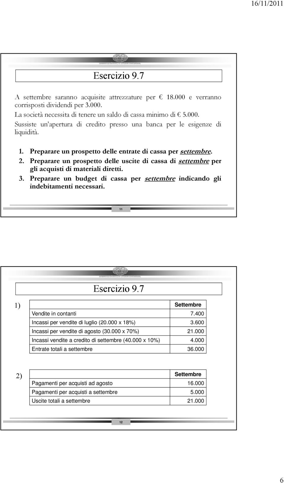 Preparare un budget di cassa per settembre indicando gli indebitamenti necessari. 11 Esercizio 9.7 1) Settembre Vendite in contanti 7.400 Incassi per vendite di luglio li (20.000000 x 18%) 3.