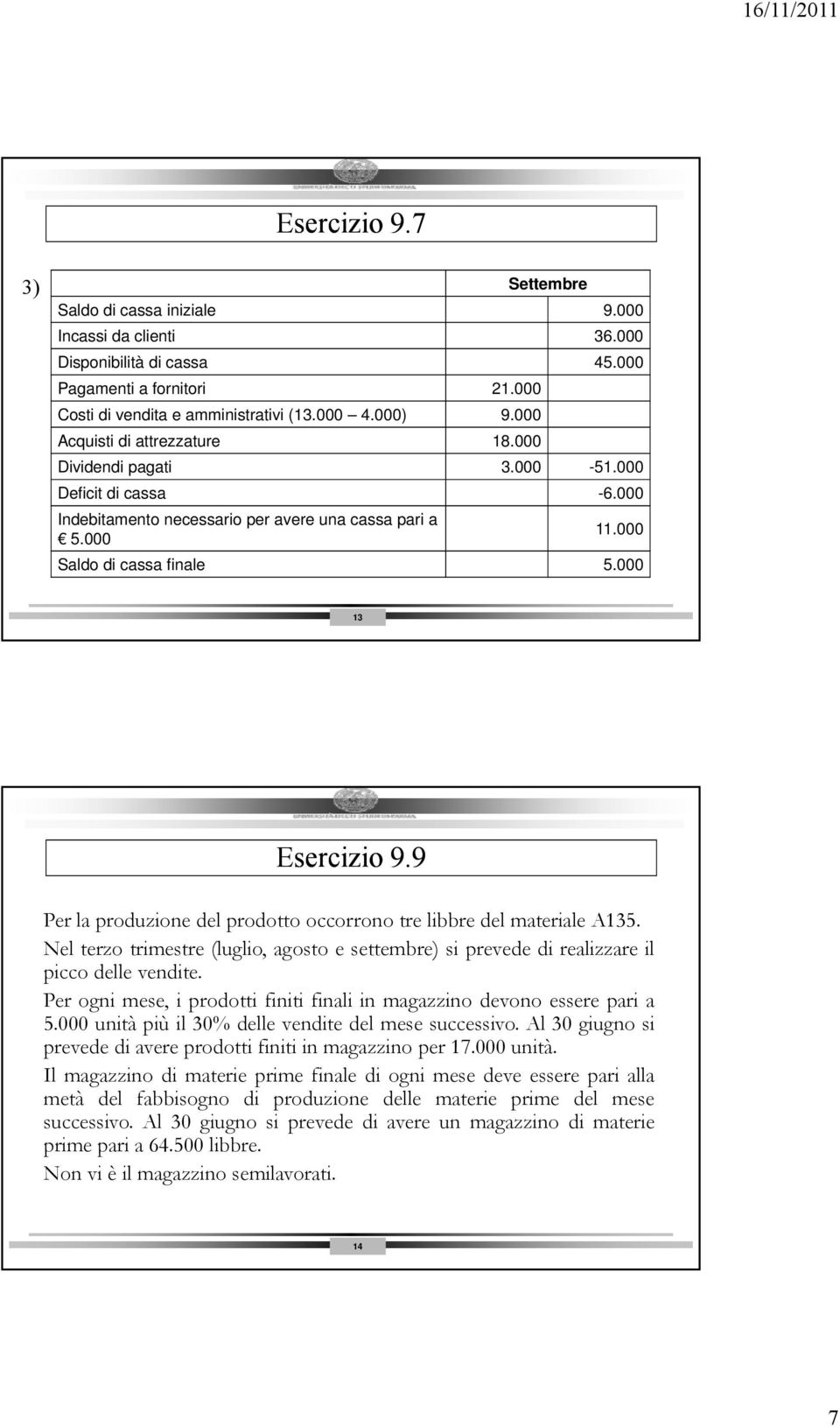 9 Per la produzione del prodotto occorrono tre libbre del materiale A135. Nel terzo trimestre (luglio, agosto e settembre) si prevede di realizzare il picco delle vendite.