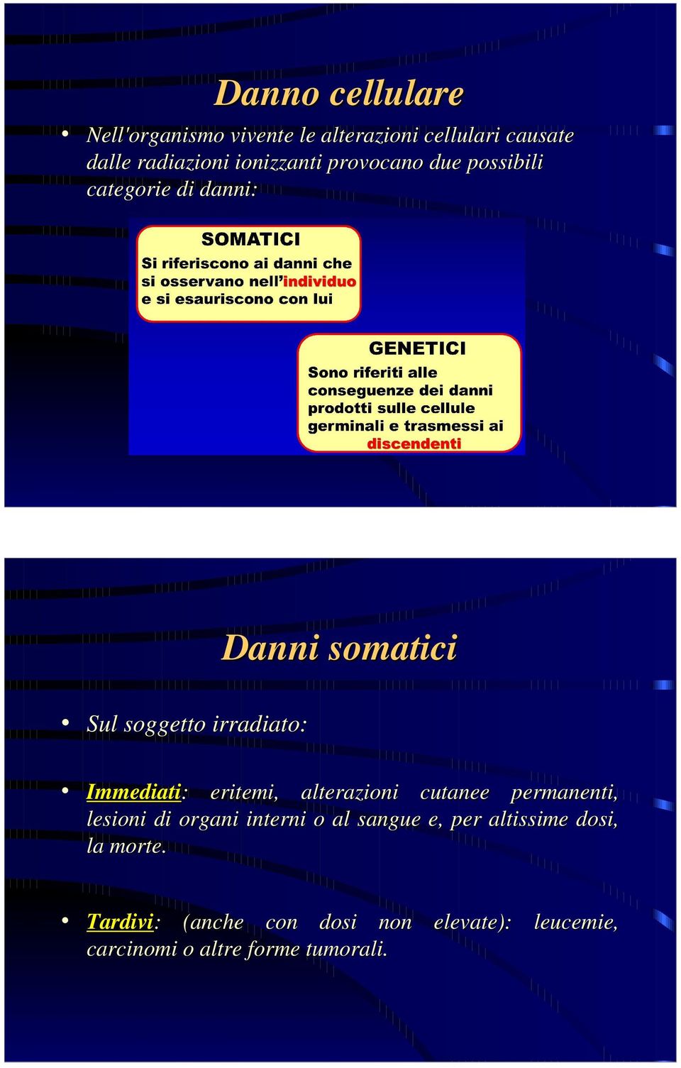 Immediati: : eritemi, alterazioni cutanee permanenti, lesioni di organi interni o al sangue e,