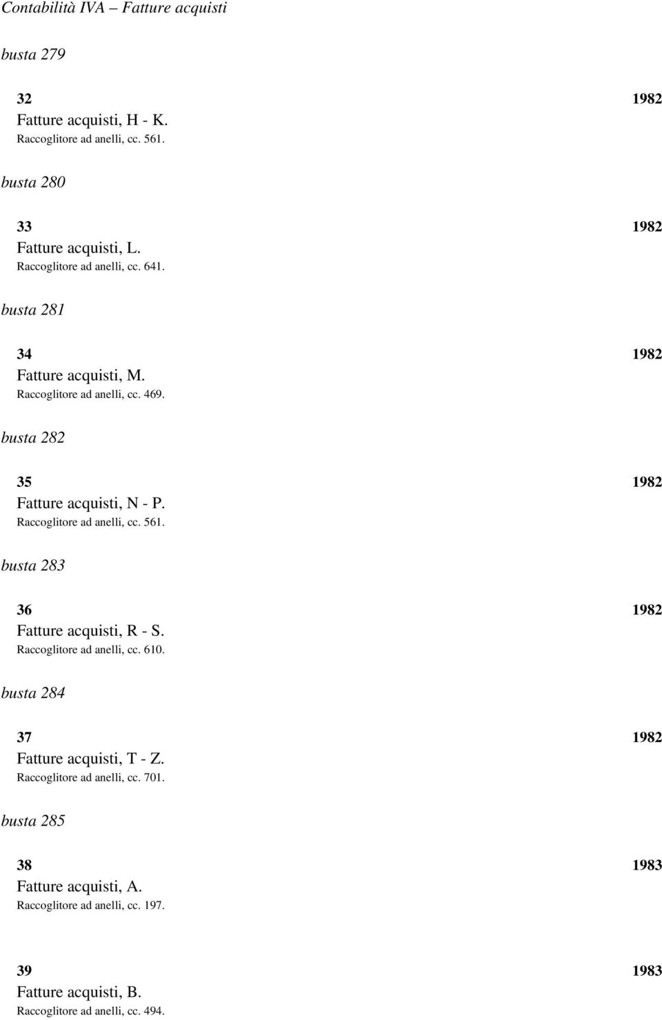 Raccoglitore ad anelli, cc. 561. busta 283 36 1982 Fatture acquisti, R - S. Raccoglitore ad anelli, cc. 610. busta 284 37 1982 Fatture acquisti, T - Z.