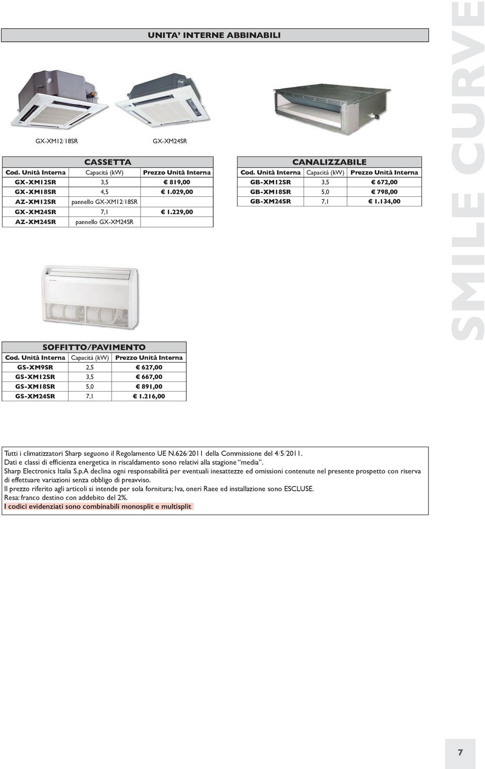 216,00 UNITA INTERNE ABBINABILI GX-XM24SR CANALIZZABILE Capacità (kw) GB-XM12SR 3,5 672,00 GB-XM18SR 5,0 798,00 GB-XM24SR 7,1 1.