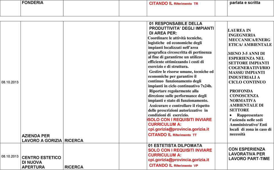 2013 ESTETICO DI NUOVA APERTURA 01 RESPONSABILE DELLA PRODUTTIVITA DEGLI IMPIANTI DI AREA PER: C Coordinare le attività tecniche, logistiche ed economiche degli impianti localizzati nell area