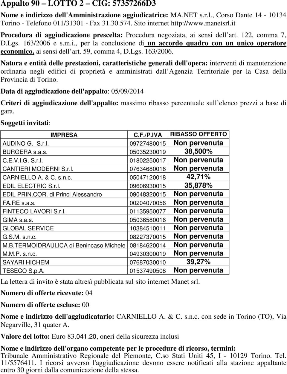 r.l. 01135950077 Non pervenuta GIMA s.a.s. 05036580016 Non pervenuta GLOBAL SERVICE 10384510011 Non pervenuta G.S.M. s.n.c. 08227370015 Non pervenuta M.B.TERMOIDRAULICA di Benincaso Michele 08184620014 Non pervenuta M.