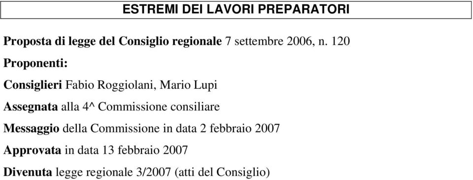 120 Proponenti: Consiglieri Fabio Roggiolani, Mario Lupi Assegnata alla 4^