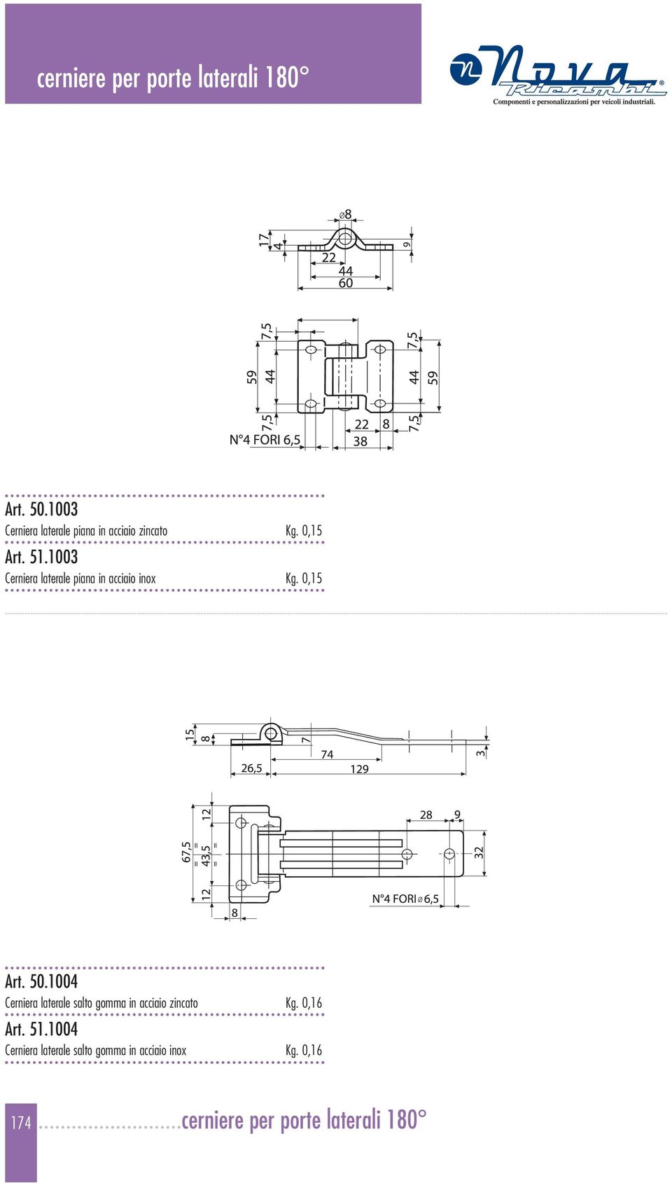 1003 Cerniera laterale piana in acciaio inox Kg. 0,15 Art. 50.