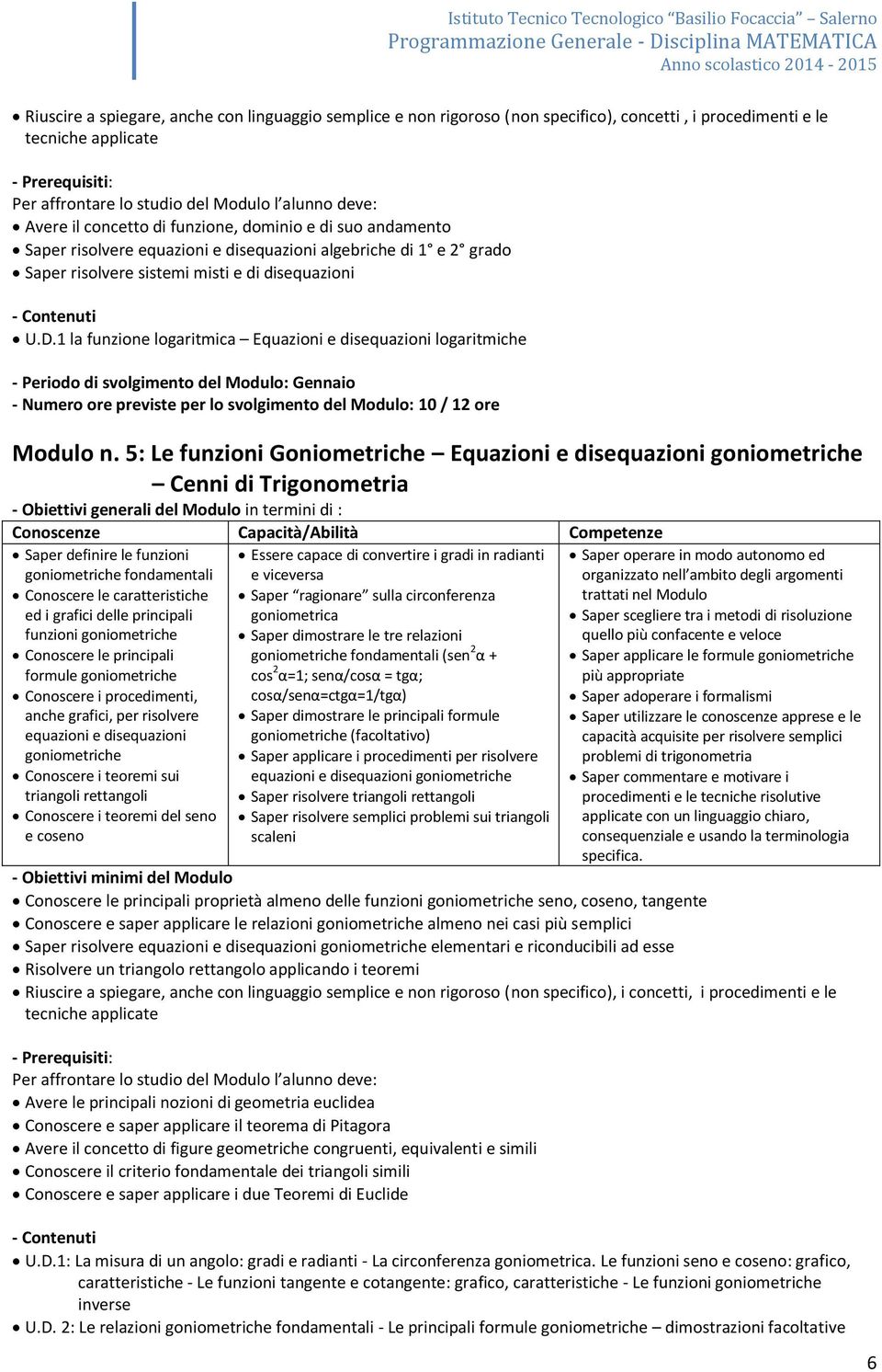 1 la funzione logaritmica Equazioni e disequazioni logaritmiche - Periodo di svolgimento del Modulo: Gennaio - Numero ore previste per lo svolgimento del Modulo: 10 / 12 ore Modulo n.