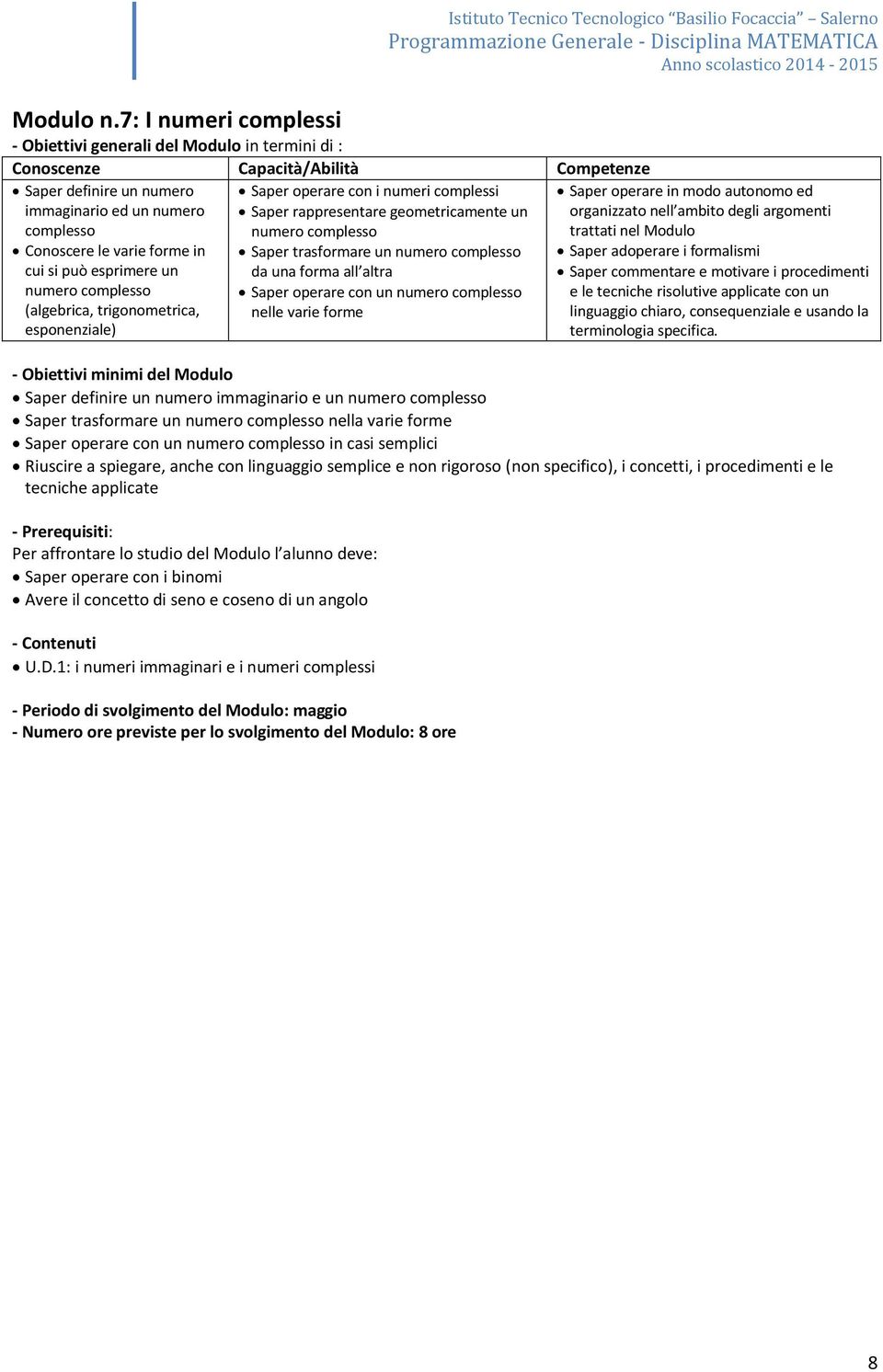 complesso (algebrica, trigonometrica, esponenziale) Saper operare con i numeri complessi Saper rappresentare geometricamente un numero complesso Saper trasformare un numero complesso da una forma all