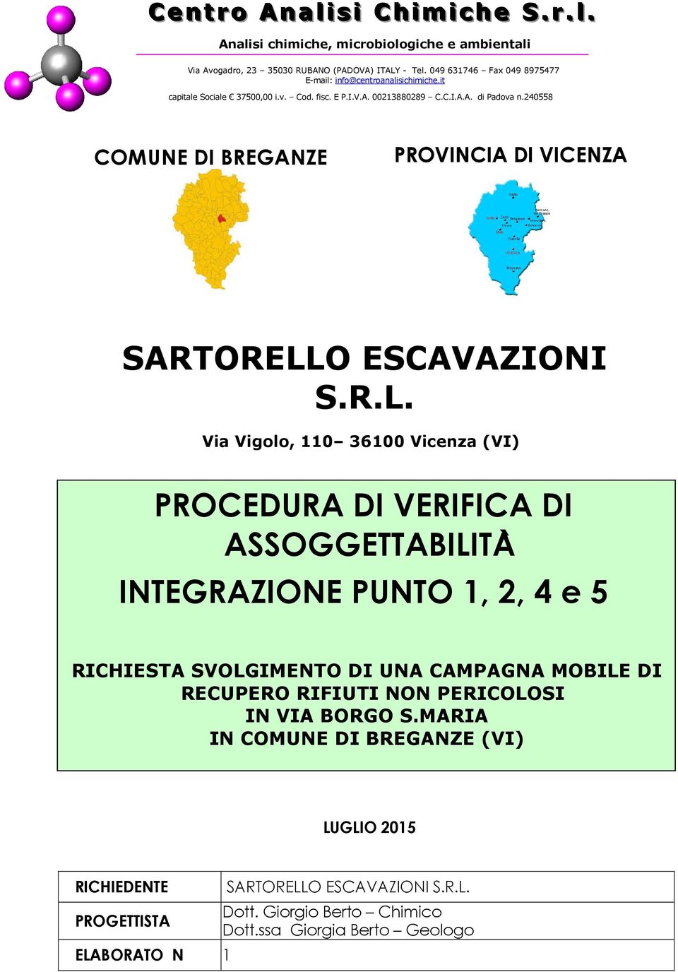 240558 COMUNE DI BREGANZE PROVINCIA DI VICENZA SARTORELL