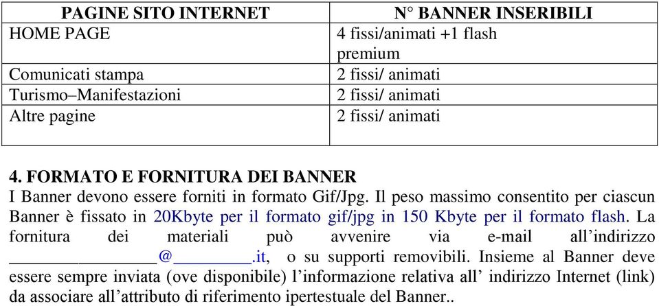 Il peso massimo consentito per ciascun Banner è fissato in 20Kbyte per il formato gif/jpg in 150 Kbyte per il formato flash.