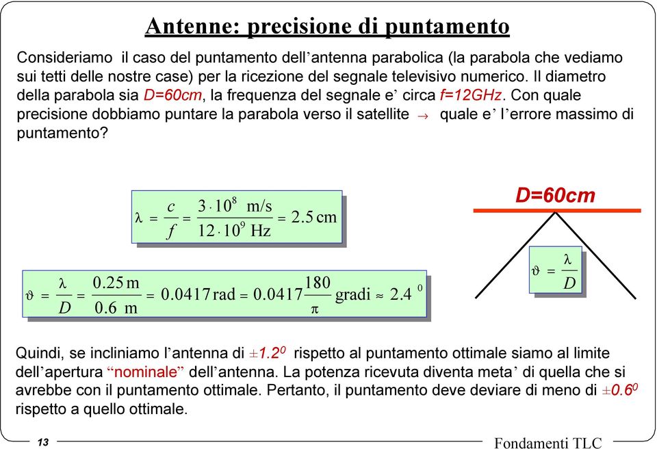 f c 8 3 10 12 10 9 m/s Hz 2.5cm D60cm ϑ D 0.25m 0.6 m 0.0417rad 180 0.0417 π gradi 2.4 0 ϑ D Quindi, se incliniamo l antenna di ±1.