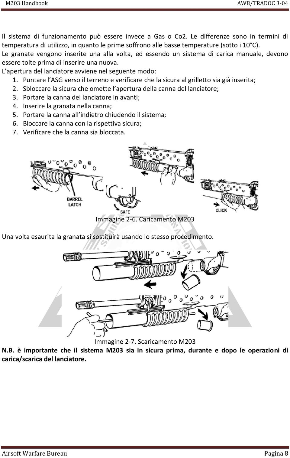 Puntare l ASG verso il terreno e verificare che la sicura al grilletto sia già inserita; 2. Sbloccare la sicura che omette l apertura della canna del lanciatore; 3.