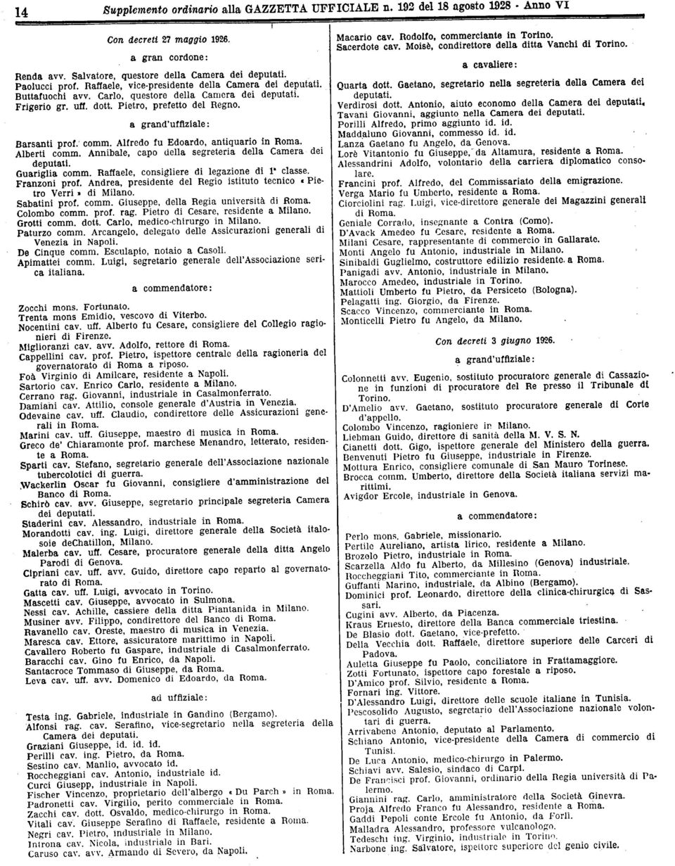 Alfredo fu Edordo, ntiqurio in Rom. Alberti comm. Annible, cpo dell segreteri dell Cmer dei deputti. Gurigli comm. Rffele, consigliere di legzione di P clsse. Frnzoni prof.