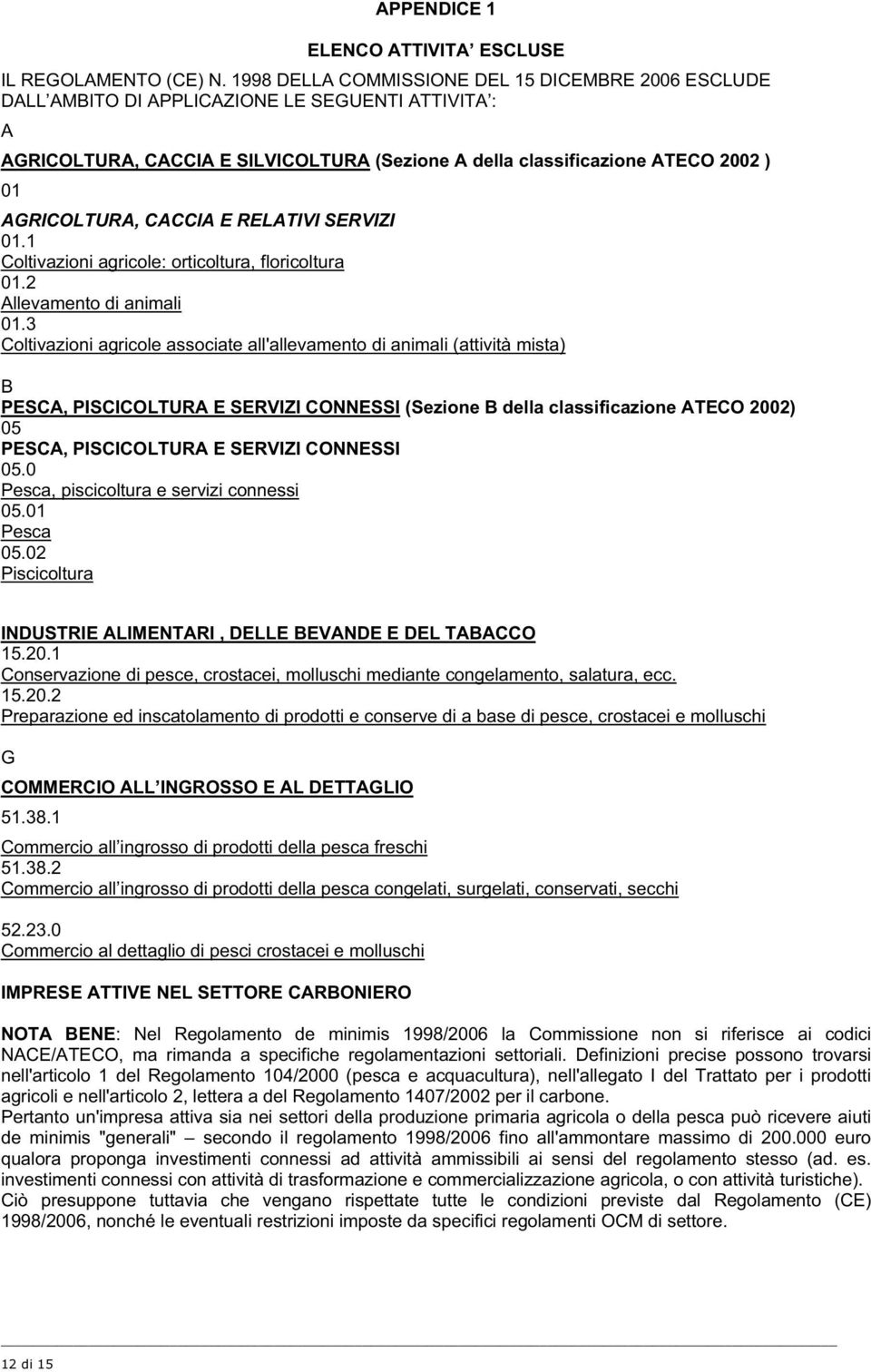 AGRICOLTURA, CACCIA E RELATIVI SERVIZI 01.1 Coltivazioni agricole: orticoltura, floricoltura 01.2 Allevamento di animali 01.