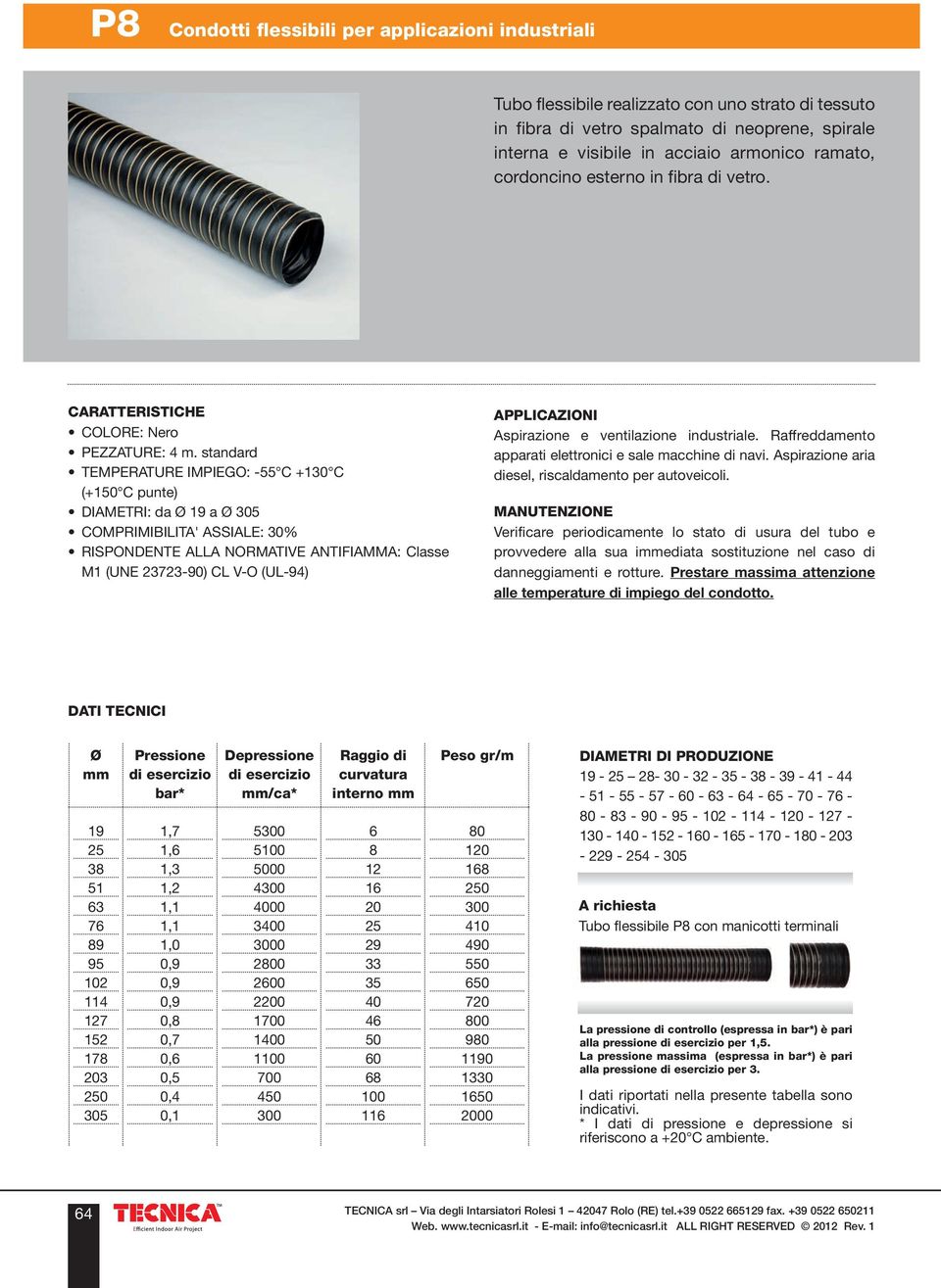 standard TEMPERATURE IMPIEGO: -55 C + C (+ C punte) DIAMETRI: da 19 a COMPRIMIBILITA' ASSIALE: 30% RISPONDENTE ALLA NORMATIVE ANTIFIAMMA: Classe M1 (UNE 23723-90) CL V-O (UL-94) Aspirazione e