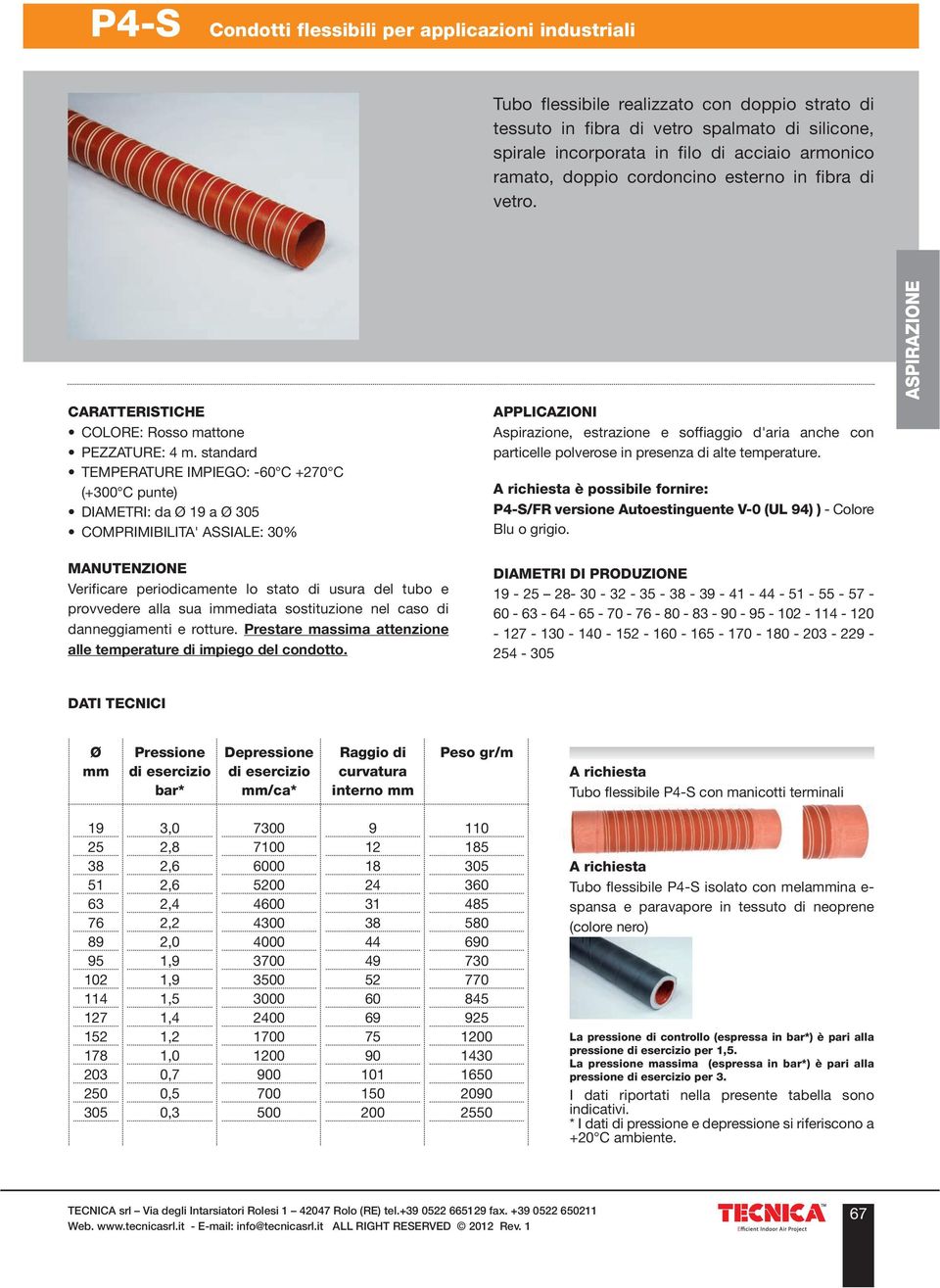 standard TEMPERATURE IMPIEGO: - C +2 C (+ C punte) DIAMETRI: da 19 a COMPRIMIBILITA' ASSIALE: 30% provvedere alla sua iediata sostituzione nel caso di Aspirazione, estrazione e soffiaggio d'aria