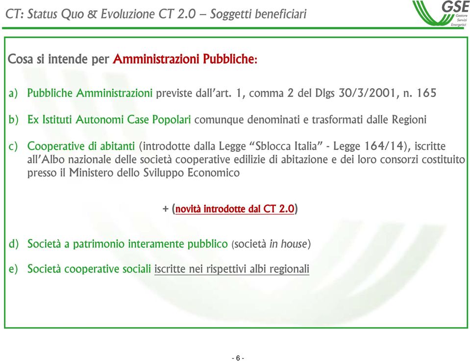 165 b) Ex Istituti Autonomi Case Popolari comunque denominati e trasformati dalle Regioni c) Cooperative di abitanti (introdotte dalla Legge Sblocca Italia - Legge