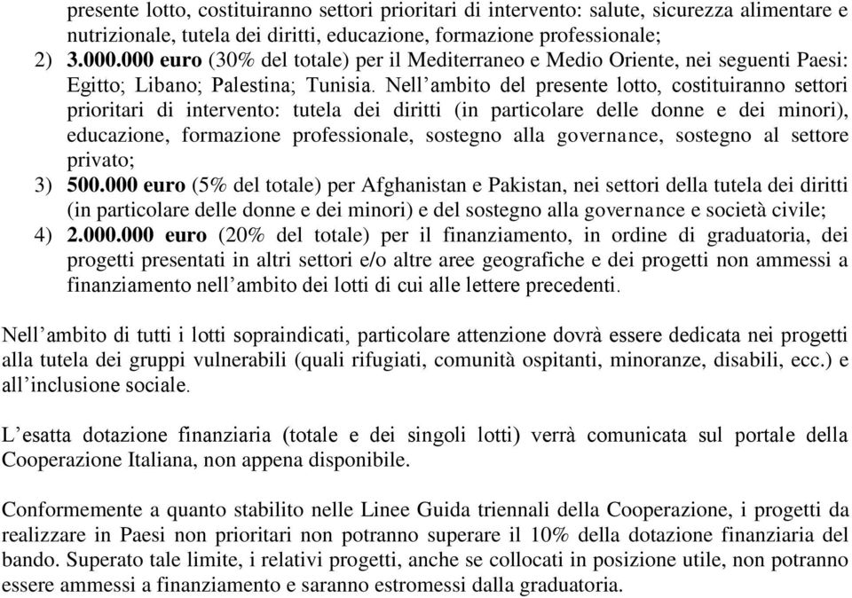 Nell ambito del presente lotto, costituiranno settori prioritari di intervento: tutela dei diritti (in particolare delle donne e dei minori), educazione, formazione professionale, sostegno alla