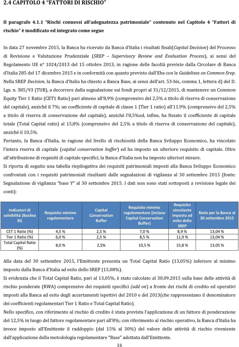 risultati finali(capital Decision) del Processo di Revisione e Valutazione Prudenziale (SREP Supervisory Review and Evaluation Process), ai sensi del Regolamento UE n 1024/2013 del 15 ottobre 2013,