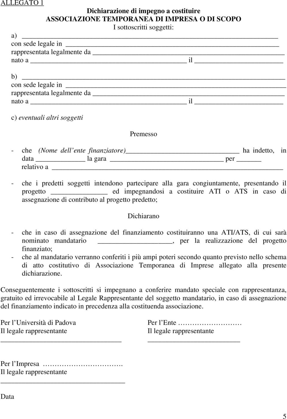 partecipare alla gara congiuntamente, presentando il progetto ed impegnandosi a costituire ATI o ATS in caso di assegnazione di contributo al progetto predetto; Dichiarano - che in caso di