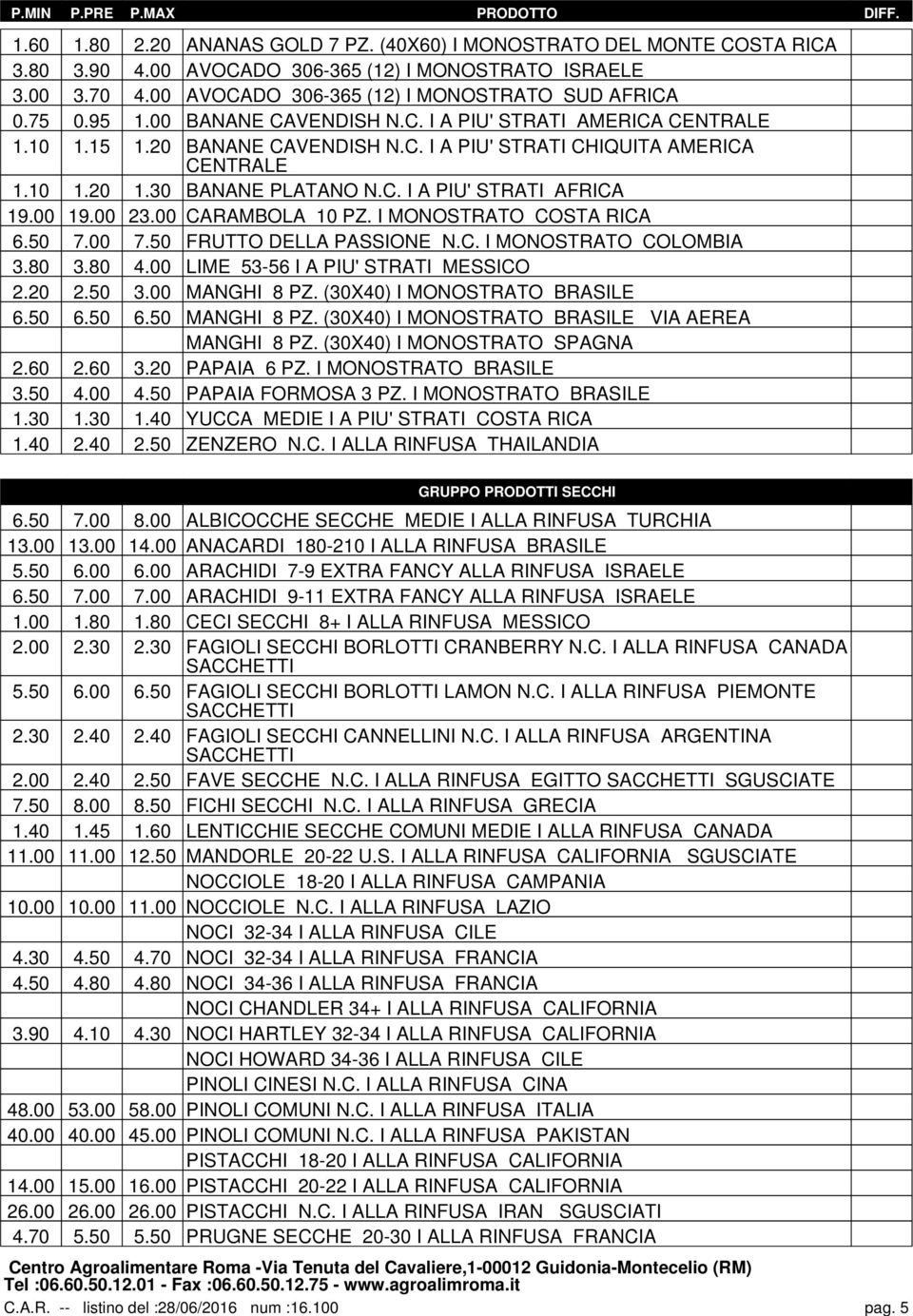 10 1.20 1.30 BANANE PLATANO N.C. I A PIU' STRATI AFRICA 19.00 19.00 23.00 CARAMBOLA 10 PZ. I MONOSTRATO COSTA RICA 6.50 7.00 7.50 FRUTTO DELLA PASSIONE N.C. I MONOSTRATO COLOMBIA 3.80 3.80 4.