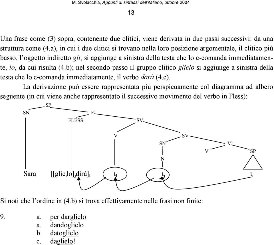 risulta (4.b); nel secondo passo il gruppo clitico glielo si aggiunge a sinistra della testa che lo c-comanda immediatamente, il verbo darà (4.c).