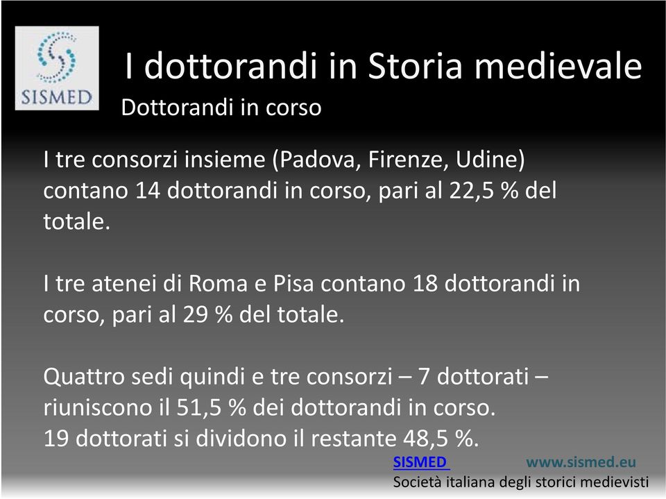 I tre atenei di Roma e Pisa contano 18 dottorandi in corso, pari al 29 % del totale.