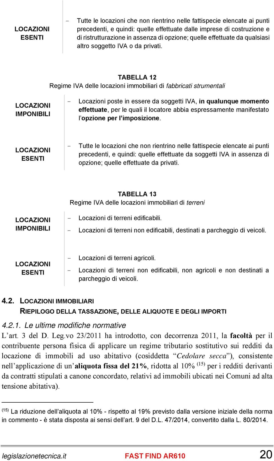 TABELLA 12 Regime IVA delle locazioni immobiliari di fabbricati strumentali LOCAZIONI IMPONIBILI - Locazioni poste in essere da soggetti IVA, in qualunque momento effettuate, per le quali il locatore