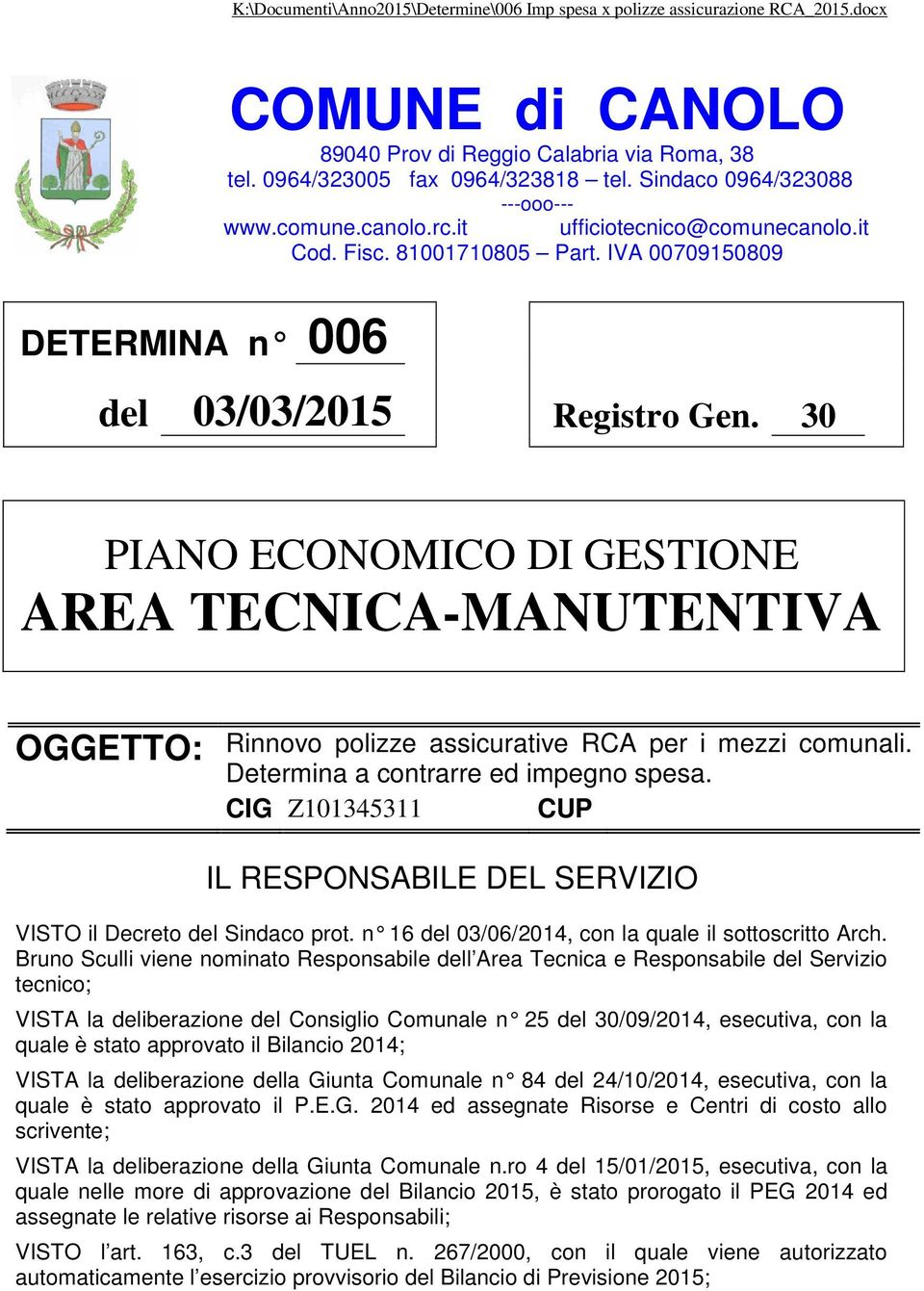 Determina a contrarre ed impegno spesa. CIG Z101345311 CUP IL RESPONSABILE DEL SERVIZIO VISTO il Decreto del Sindaco prot. n 16 del 03/06/2014, con la quale il sottoscritto Arch.