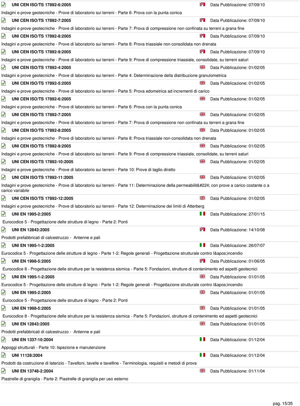 Pubblicazione: 07/09/10 Indagini e prove geotecniche - Prove di laboratorio sui terreni - Parte 8: Prova triassiale non consolidata non drenata UNI CEN ISO/TS 17892-9:2005 Data Pubblicazione: