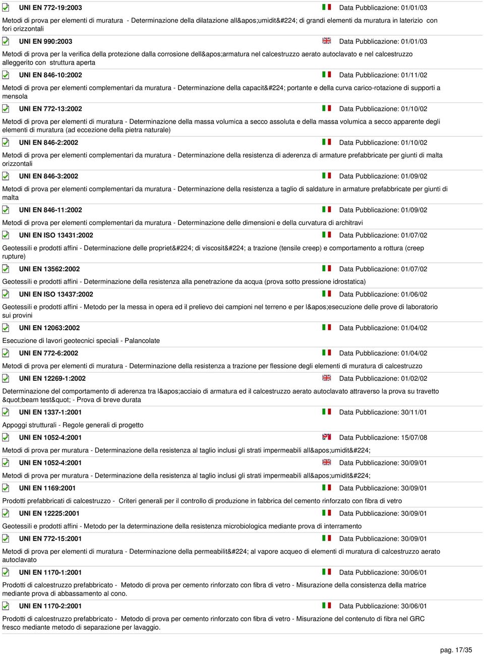 alleggerito con struttura aperta UNI EN 846-10:2002 Data Pubblicazione: 01/11/02 Metodi di prova per elementi complementari da muratura - Determinazione della capacità portante e della curva