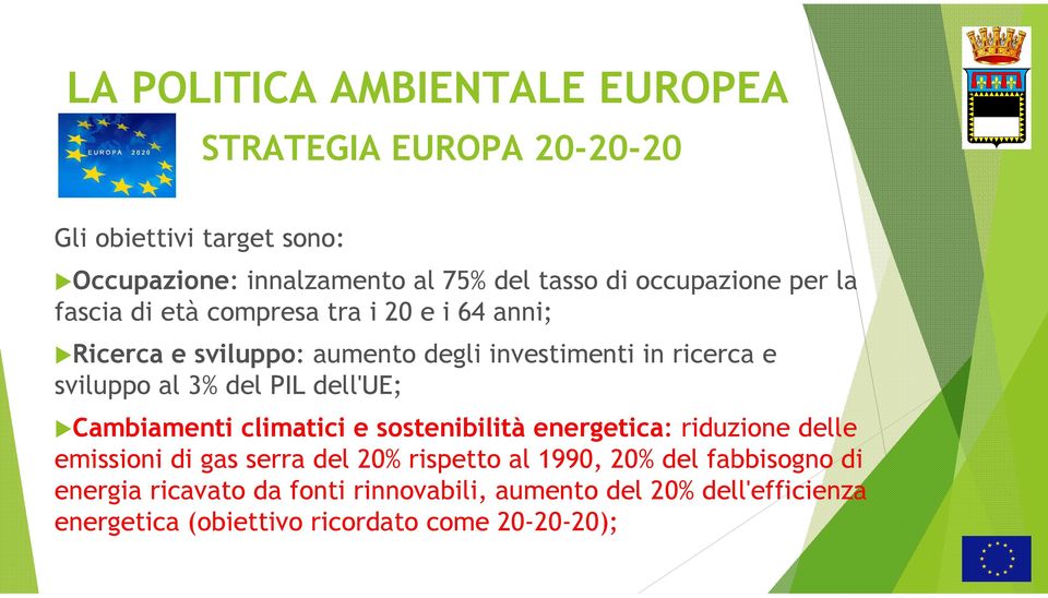 3% del PIL dell'ue; Cambiamenti climatici e sostenibilità energetica: riduzione delle emissioni di gas serra del 20% rispetto al 1990,