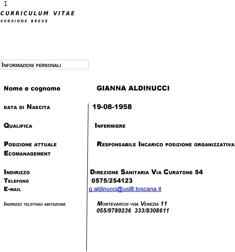 POSIZIONE ORGANIZZATIVA ECOMANAGEMENT INDIRIZZO DIREZIONE SANITARIA VIA CURATONE 54 TELEFONO 0575/254123