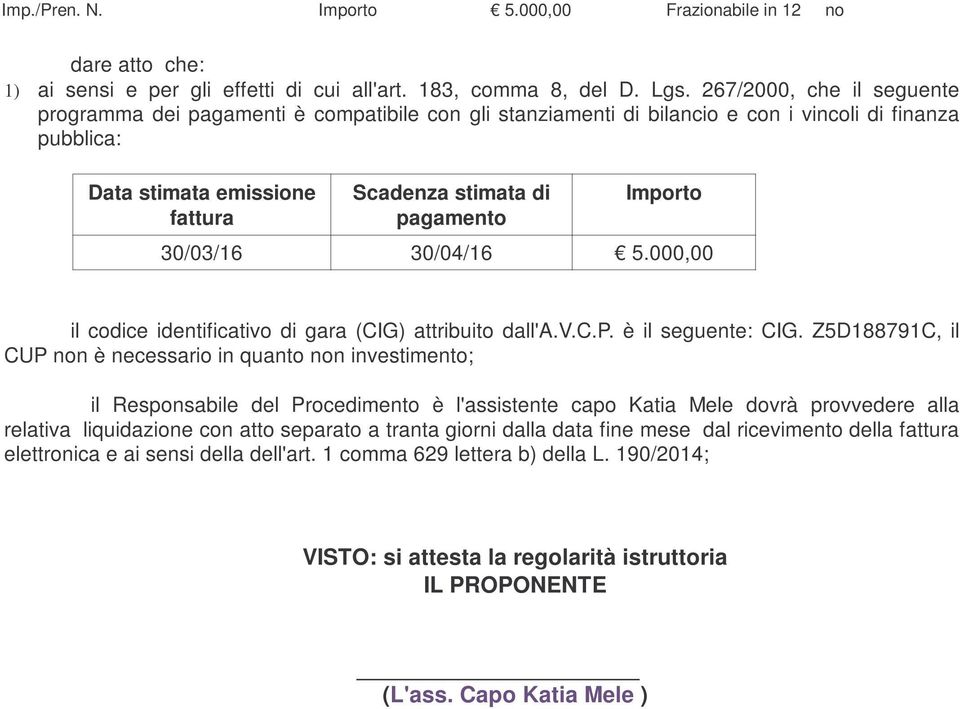 Importo 30/03/16 30/04/16 5.000,00 il codice identificativo di gara (CIG) attribuito dall'a.v.c.p. è il seguente: CIG.