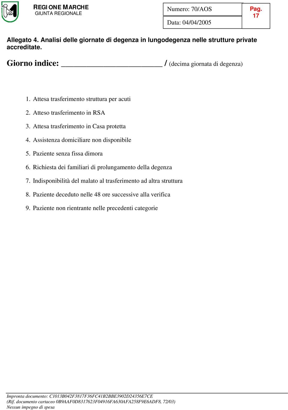 Attesa trasferimento in Casa protetta 4. Assistenza domiciliare non disponibile 5. Paziente senza fissa dimora 6.