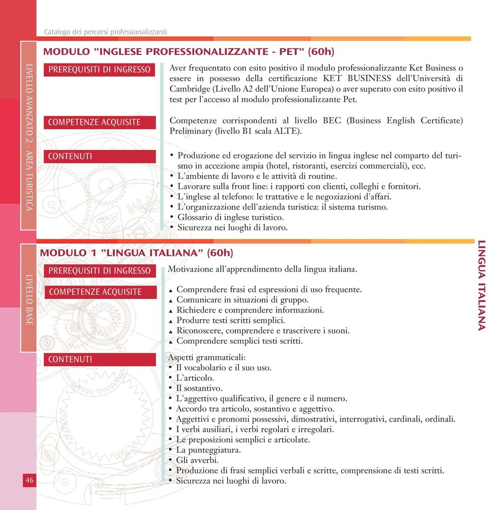 professionalizzante Pet. Competenze corrispondenti al livello BEC (Business English Certificate) Preliminary (livello B1 scala ALTE).