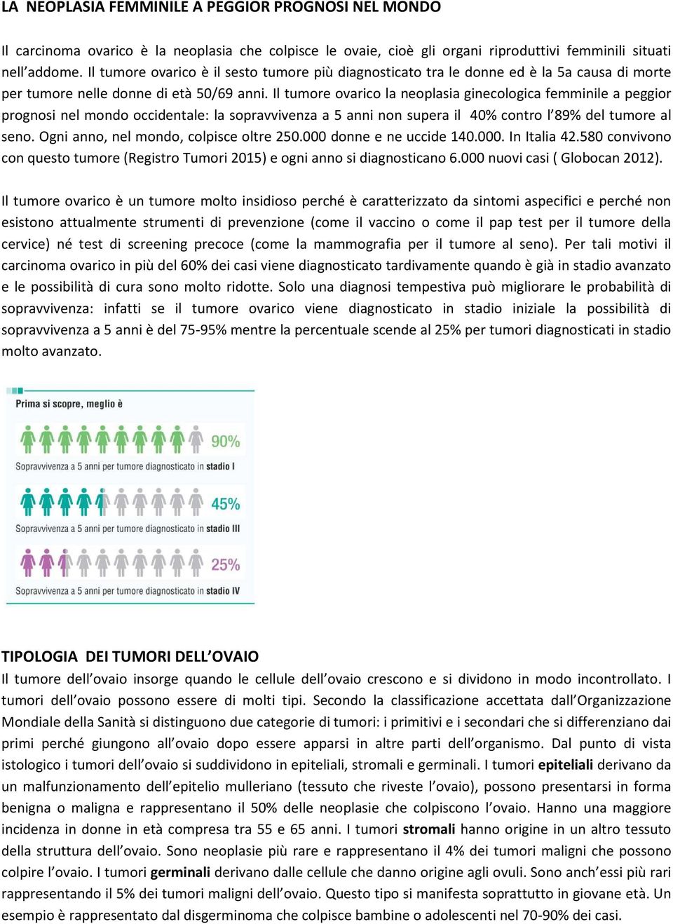 Il tumore ovarico la neoplasia ginecologica femminile a peggior prognosi nel mondo occidentale: la sopravvivenza a 5 anni non supera il 40% contro l 89% del tumore al seno.