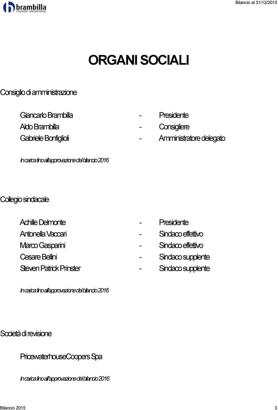 Sindaco effettivo Marco Gasparini - Sindaco effettivo Cesare Bellini - Sindaco supplente Steven Patrick Prinster - Sindaco supplente In