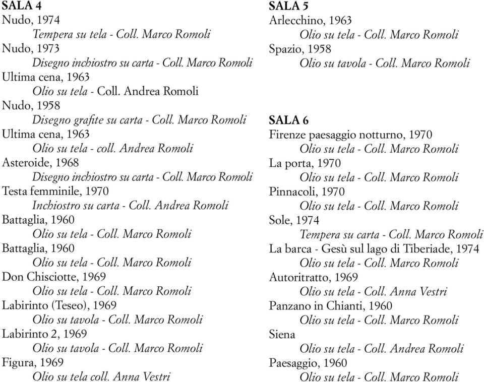 Marco Romoli Testa femminile, 1970 Inchiostro su carta - Coll. Andrea Romoli Battaglia, 1960 Battaglia, 1960 Don Chisciotte, 1969 Labirinto (Teseo), 1969 Olio su tavola - Coll.