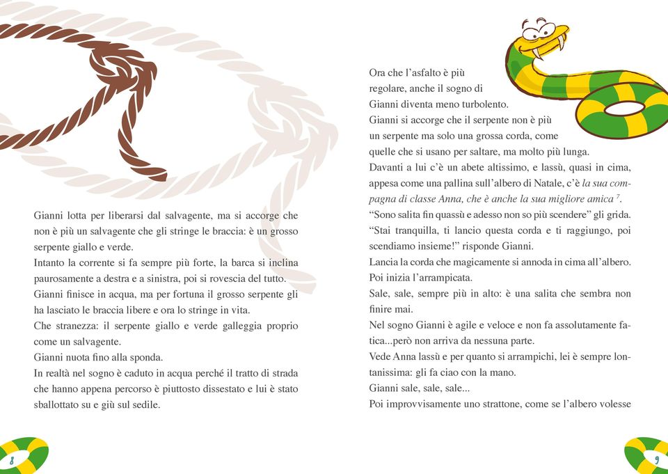 Gianni finisce in acqua, ma per fortuna il grosso serpente gli ha lasciato le braccia libere e ora lo stringe in vita. Che stranezza: il serpente giallo e verde galleggia proprio come un salvagente.