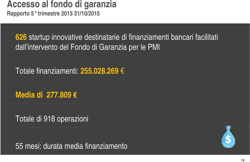 intervento del Fondo di Garanzia per le PMI Totale finanziamenti: 255.028.