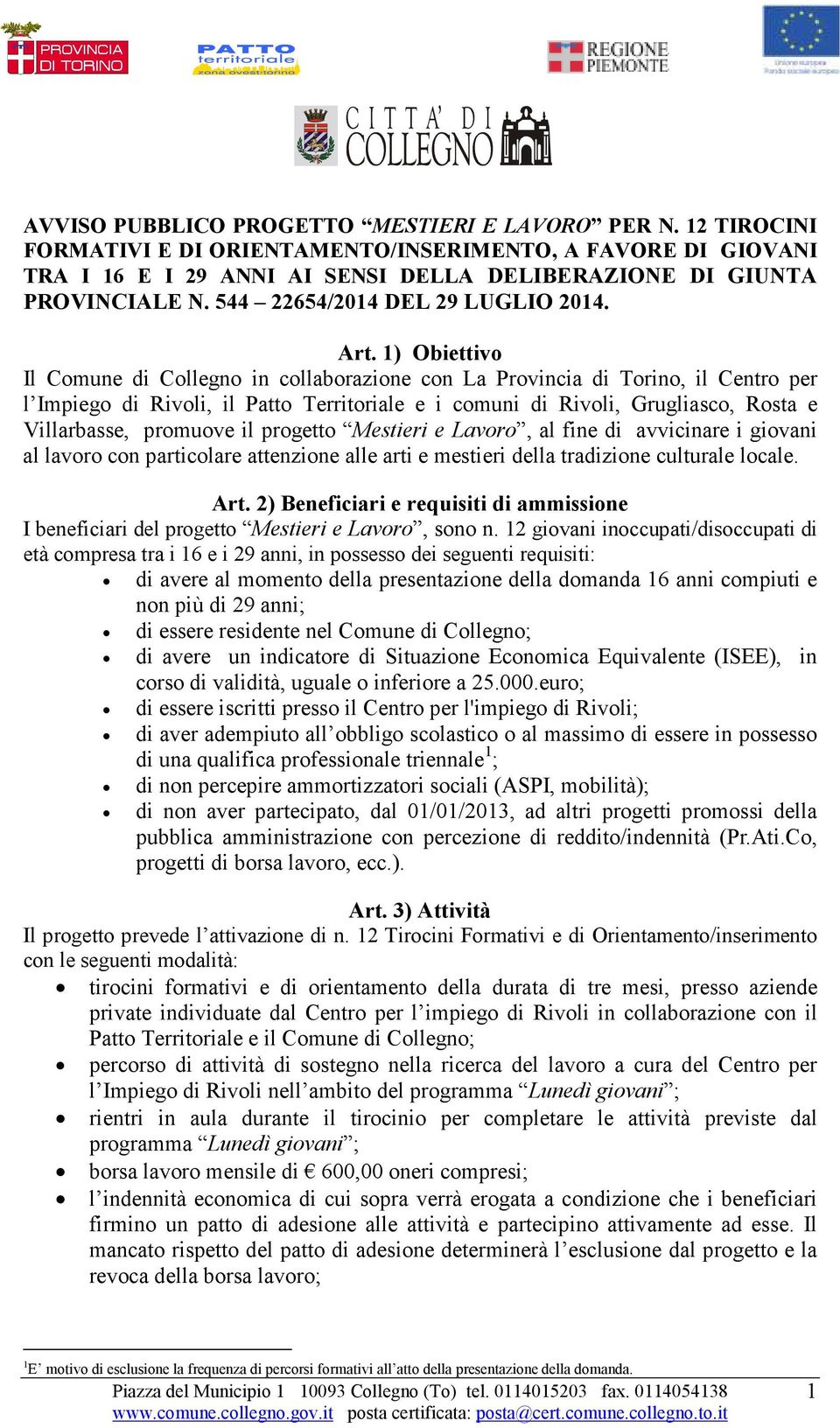 1) Obiettivo Il Comune di Collegno in collaborazione con La Provincia di Torino, il Centro per l Impiego di Rivoli, il Patto Territoriale e i comuni di Rivoli, Grugliasco, Rosta e Villarbasse,