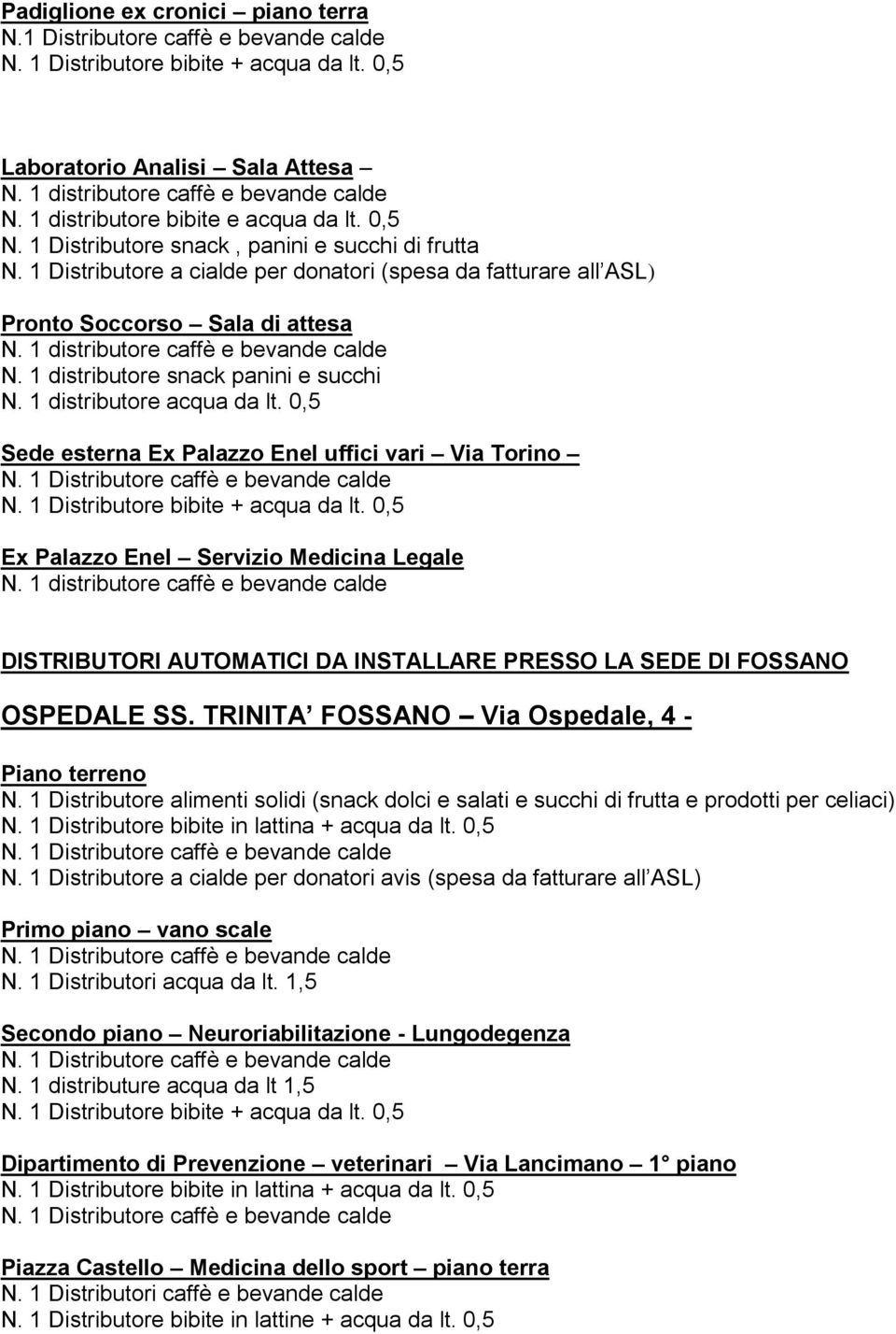 1 distributore snack panini e succhi N. 1 distributore acqua da lt. 0,5 Sede esterna Ex Palazzo Enel uffici vari Via Torino Ex Palazzo Enel Servizio Medicina Legale N.