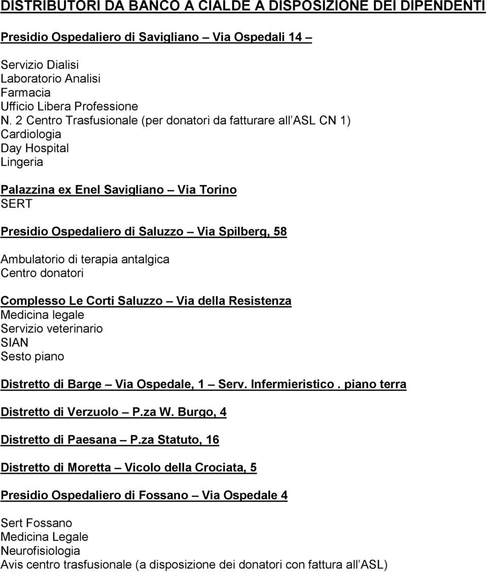 Ambulatorio di terapia antalgica Centro donatori Complesso Le Corti Saluzzo Via della Resistenza Medicina legale Servizio veterinario SIAN Sesto piano Distretto di Barge Via Ospedale, 1 Serv.