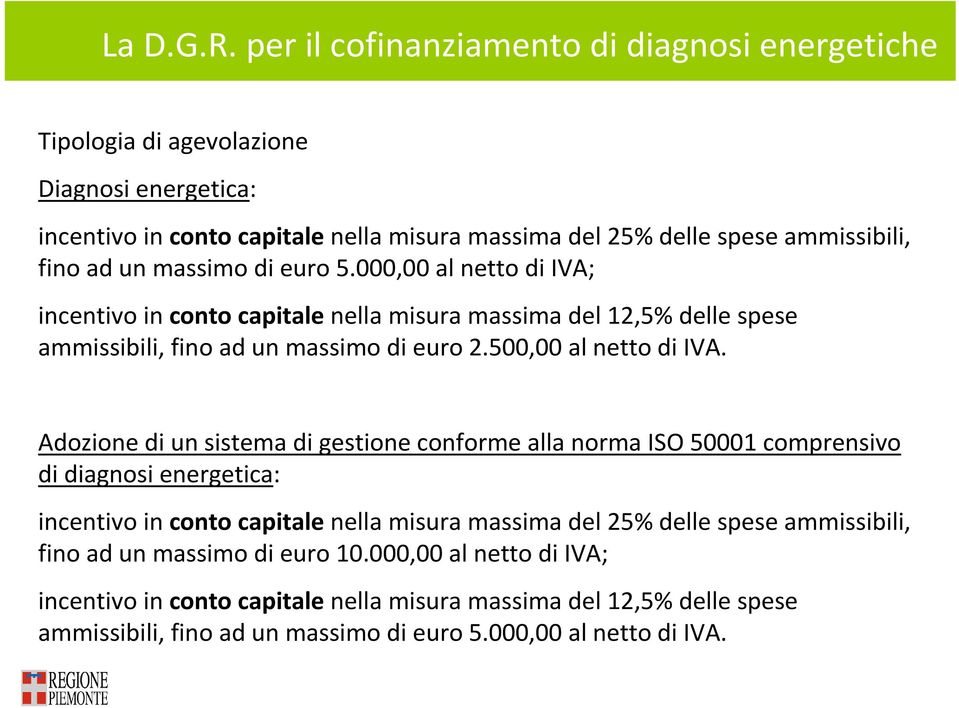 massimo di euro 5.000,00 al netto di IVA; incentivo in conto capitalenella misura massima del 12,5% delle spese ammissibili, fino ad un massimo di euro 2.500,00 al netto di IVA.